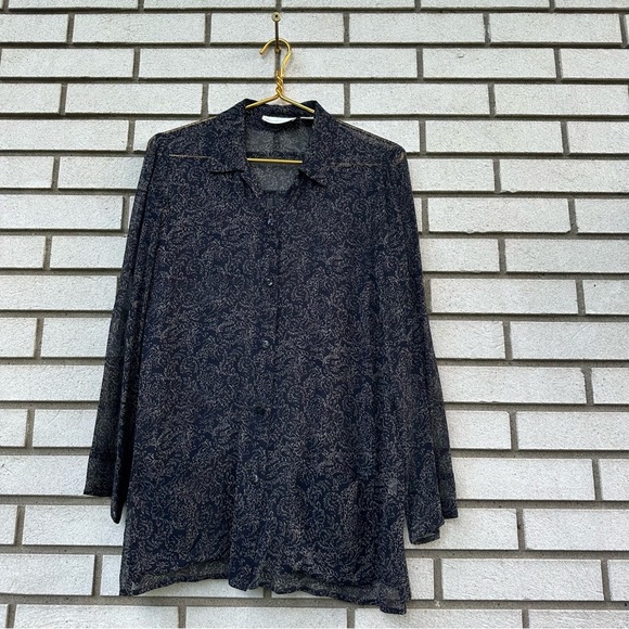 Dana Buchman 100% Silk Sheer Floral Button Down Blouse Navy Beige Size 4 Tunic - Picture 1 of 11